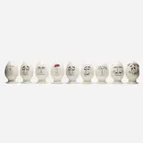 Lagardo Tackett, Eggheads, collection of nine, 1958-59, glazed porcelain, cork, brass