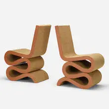 Wiggle chairs, pair by Frank Gehry, 1972 / 2005, laminated cardboard, masonite, sold Jul 2019