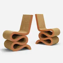 Wiggle chairs, pair by Frank Gehry, 1972 / 2005, laminated cardboard, masonite, sold Jul 2019