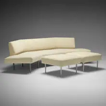 Edward Wormley, sofa with two ottomans, c. 1950, upholstery, aluminum