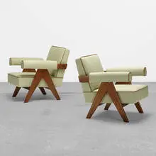 Pierre Jeanneret, lounge chairs from Chandigarh, pair, c. 1958-59, upholstery, teak