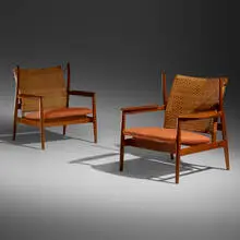 Rare armchairs with adjustable backs, pair by Finn Juhl, 1955, teak, cane, upholstery, brass, leather, sold Jun 2019