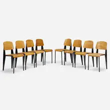 Jean Prouvé, 'Semi-Metal' chairs no. 305, set of eight, 1950, enameled steel, beech plywood, aluminum