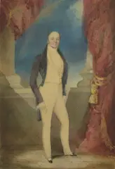 George Hayter, Untitled, standing in evening dress before a column and a red curtain watercolour 31 x 22cm