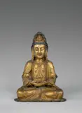 Ming-Dynastie Chinesisch, Meditierende Guanyin. 1. Hälfte 17. Jahrhundert, Bronze, feuervergoldet, Teile blau und rot gefaßt. 42 cm (16 ½ in.)
