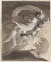 Pierre-Paul Prud’hon, L’Enlèvement de Psyché, Um 1808, Schwarze Kreide über Bleistift, grau laviert und mit Deckweiß gehöht, auf schwerem Papier