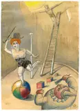 Otto Dix, Zirkusscene, 1923, Aquarell, Farbkreide, gesprühte Silberbronze, Bleistift und Collage auf Papier