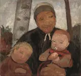 Paula Modersohn-Becker, Bäuerin mit Kind und Säugling zwischen Birkenstämmen, Um 1904, Tempera auf Pappe, auf Leinwand aufgezogen