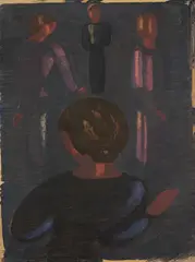 Oskar Schlemmer, Dunkle Vierergruppe mit Vorübergehender, 1936, Öl auf Ölpapier, auf Pappe aufgezogen