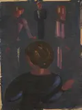 Oskar Schlemmer, Dunkle Vierergruppe mit Vorübergehender, 1936, Öl auf Ölpapier, auf Pappe aufgezogen