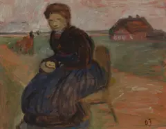 Paula Modersohn-Becker, Auf einem Stuhl sitzende Bäuerin vor Landschaft mit Haus, 1903, Tempera auf Karton, auf Leinwand aufgezogen