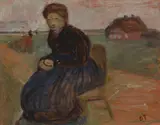 Paula Modersohn-Becker, Auf einem Stuhl sitzende Bäuerin vor Landschaft mit Haus, 1903, Tempera auf Karton, auf Leinwand aufgezogen
