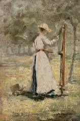 Helena Emingerová, Paintress in Plein Air, Around 1900, Oil on cardboard