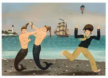 Ralph Eugene Cahoon, Jealousy: Hair Pulling Mermaids on the Strand, Oil on Masonite