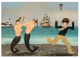 Ralph Eugene Cahoon, Jealousy: Hair Pulling Mermaids on the Strand, Oil on Masonite