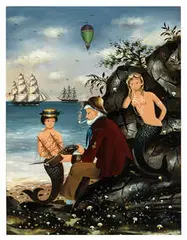 Ralph Eugene Cahoon, Mermaid & Sailor on a Rocky Shore, Oil on Masonite