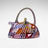Early Crazy Quilt Teapot by Richard Marquis, 1979, hand-blown glass, murrine, sold May 2024