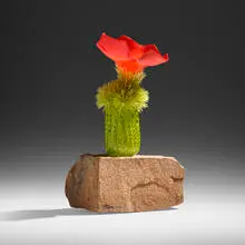 Red Flare by Flo Perkins, 2010, hand-blown reticello glass, glass threads, rock, sold May 2024
