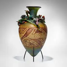 William Morris, Beetles with Flora vase (from the Flora & Fauna series), 1999, hand-blown, vitrified and sculpted glass, steel base
