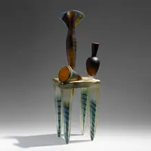 José Chardiet, Black Mesa, 1990, hot sculpted, cast, and sandblasted glass, gold leaf, patinated wire