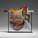 William Morris, Suspended Artifact, 1993, hand-blown and hot-sculpted glass, enameled metal