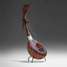 Davide Salvadore, Standing Chitamarra, 2004, hand-blown glass, inciso and battuto surface, leather string, patinated metal