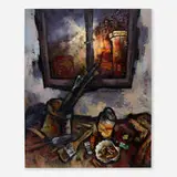 Oskar Rabine, Still Life with Brushes, 1989, oil and mixed media on canvas
