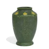 two-color vase with floral decoration by Eva Russell for Grueby Faience Company, sold Sep 2021