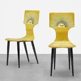Sole chairs, pair by Piero Fornasetti, c. 1952 / 1995, hand-painted and lithographic transfer-printed wood, lacquered wood, sold Jun 2019