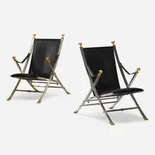 Maison Jansen, folding chairs, pair, 1972, chrome plated steel, leather, vinyl, brass