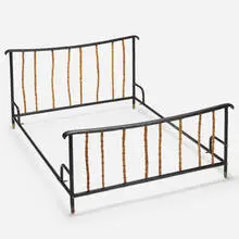 attribution Jacques Adnet, full-size bed, c. 1950, leather over steel frame, bamboo