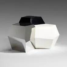 Mattia Bonetti, Polyhedral tables, set of three, 2004, lacquered wood, mirror-polished stainless steel