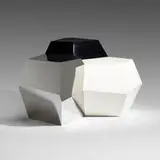 Mattia Bonetti, Polyhedral tables, set of three, 2004, lacquered wood, mirror-polished stainless steel