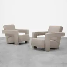 lounge chairs, pair by Gerrit Rietveld, c. 1960, upholstery over wood, sold Jun 2019
