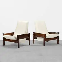 Vronka chairs, pair by Sergio Rodrigues, 1962, Imbuia, leather, chrome-plated steel, sold Jun 2019