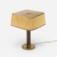 table lamp, model 5066 by Paavo Tynell, c. 1945, brass, walnut, silk, sold Jun 2019