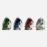 Saunders Corporation, Silver Streak irons model 1038, set of four, c. 1942, Pyrex glass, chrome-plated steel, Bakelite, enameled aluminum, rubber