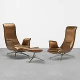 Vladimir Kagan, Tri-symmetric wing armchairs model 503 and ottoman, model 504, 1958, vinyl, aluminum