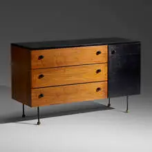 cabinet by Greta Magnusson Grossman, c. 1952, walnut, lacquered wood, enameled steel, sold Jun 2019