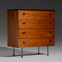 cabinet by Greta Magnusson Grossman, c. 1952, walnut, laminate, enameled steel, lacquered wood, sold Jun 2019