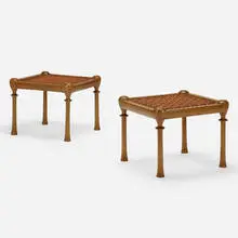 Diphros stools, pair by T. H. Robsjohn-Gibbings, 1961, walnut, leather, sold Jun 2019