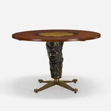 Melchiorre Bega, dining table, c. 1953, walnut, brass, reverse-enameled and gold-leafed glass, glazed ceramic