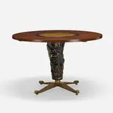 Melchiorre Bega, dining table, c. 1953, walnut, brass, reverse-enameled and gold-leafed glass, glazed ceramic