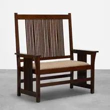Gustav Stickley, settle, model no. 286, 1905-1909, lacquered oak, upholstery