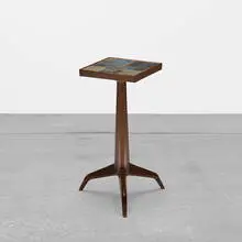 Janus occasional table, model 6047 by Edward Wormley, 1960, lacquered mahogany, Tiffany glass tiles, brass, sold Jun 2019