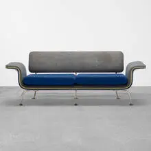 Alexander Girard, settee for Braniff Airlines, 1967, upholstery, cast aluminum, rubber