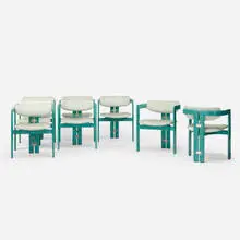 Augusto Savini, Pamplona dining chairs, set of eight, 1965, lacquered wood, upholstery, stainless steel