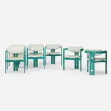 Augusto Savini, Pamplona dining chairs, set of eight, 1965, lacquered wood, upholstery, stainless steel