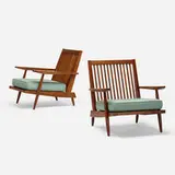 Cushion Chairs with Arms, pair by George Nakashima, 1952, walnut, upholstery, sold Jun 2019