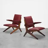 attribution Lina Bo Bardi, chairs, pair, c. 1960, peroba rosa, leather